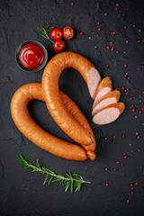 Wall Mural - Boiled chicken sausage with spices. Top view.