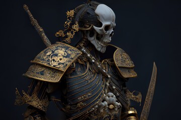 Skeleton ancient warrior in bronze armour, skull with generative AI