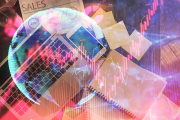 Fototapete - Business theme hologram drawings over computer on the desktop background. Top view. Multi exposure. Concept of international connections.