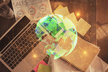 Aufkleber - Social network hologram drawings over computer on the desktop background. Top view. Double exposure.
