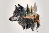 Fototapeta  - Double exposure head wolf and a forest. Generative AI illustration.