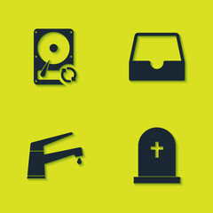 Poster - set hard disk drive hdd sync refresh, tombstone with cross, water tap and social media inbox icon. v