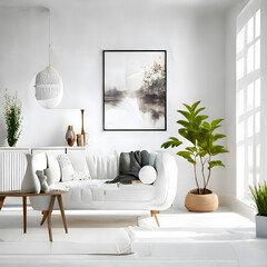 Cozy modern living room interior with white sofa and decoration room on a white or white wall background, Generative AI
