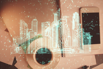 Poster - Multi exposure of smart city technology drawing over table with phone. Top view.