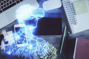 Poster - Double exposure of drawing man in AR glasses over table with phone. Top view. VR concept.