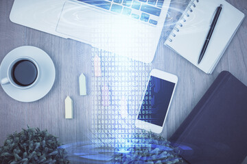 Aufkleber - Double exposure of technology theme drawing over work table desktop. Top view. Global data analysis concept.