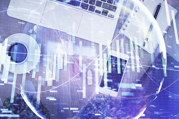 Fototapete - Double exposure of business theme hologram over desktop with phone. Top view. Mobile international trade connection concept.