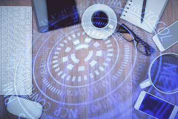 Aufkleber - Double exposure of technology theme drawing over work table desktop. Top view. Global data analysis concept.