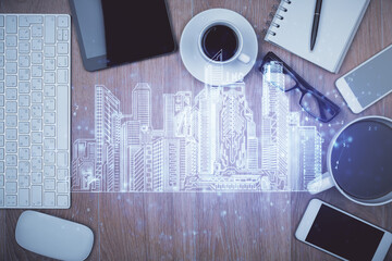 Poster - Multi exposure of smart city technology drawing over table with phone. Top view.