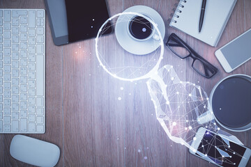 Poster - Multi exposure of creative drawing over table with phone. Top view. Concept of startup.