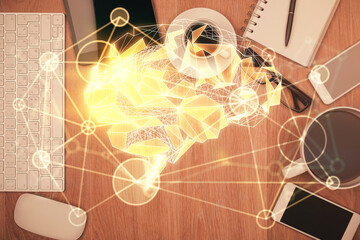 Fototapete - Multi exposure of brain drawing over work table desktop. Top view. Global data analysis concept.