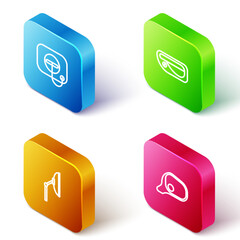 Sticker - Set Isometric line Oil filler cap at gas station, Car door handle, Windscreen wiper and mirror icon. Vector