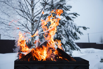 Flames. Wood in the fire. Fire in the grill. The orange color of the flame on the background of white snow.