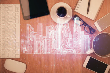 Poster - Multi exposure of smart city technology drawing over table with phone. Top view.