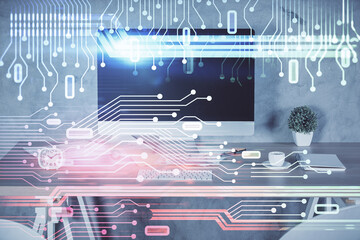 Aufkleber - Multi exposure of data theme drawing and office interior background. Concept of technology.