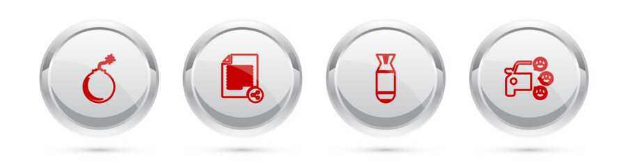 Sticker - Set line Bomb ready to explode, Share file, Aviation bomb and Car sharing. Silver circle button. Vector