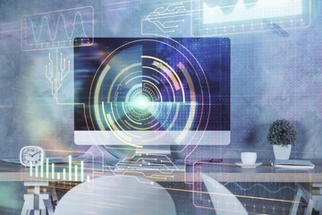 Poster - Multi exposure of data theme drawing and office interior background. Concept of technology.