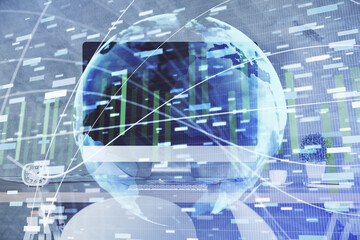 Fototapete - Double exposure of business theme drawing and office interior background. Concept of success