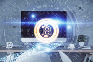Poster - Double exposure of crypto technology theme drawing and office interior background. Concept of blockchain.
