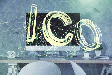 Poster - Double exposure of crypto technology theme drawing and office interior background. Concept of blockchain.