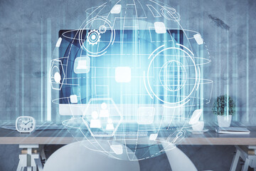 Aufkleber - Double exposure of social network theme drawing and office interior background. Concept of web.