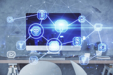 Aufkleber - Double exposure of social network theme drawing and office interior background. Concept of web.