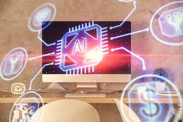 Aufkleber - Multi exposure of data theme drawing and office interior background. Concept of technology.