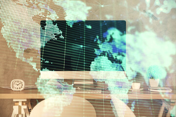 Fototapete - Double exposure of business theme drawing and office interior background. Concept of success