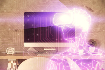 Poster - Double exposure of man in VR glasses drawing and office interior background. Concept of AR.