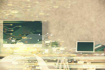 Aufkleber - Multi exposure of data theme drawing and office interior background. Concept of technology.