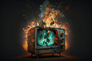 Wall Mural - An old TV set explodes with fire and smoke. Generative AI