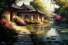 Generative AI Illustration Of The Lake Is Surrounded By Green Water Plants, Colorful Green Flowers, Sparkling On The Lake, Traditional Chinese House,cobblestone Path,beautiful Sunshine
