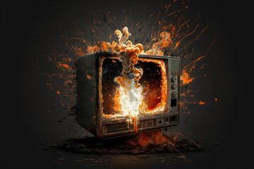 Sticker - An old TV set explodes with fire and smoke. Generative AI