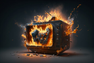 Sticker - An old TV set explodes with fire and smoke. Generative AI