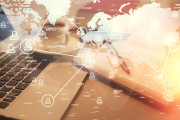 Poster - Double exposure of social network drawing and desktop with coffee and items on table background. Concept of international connection.