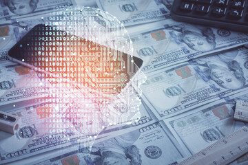 Aufkleber - Double exposure of brain drawing over us dollars bill background. Technology concept.