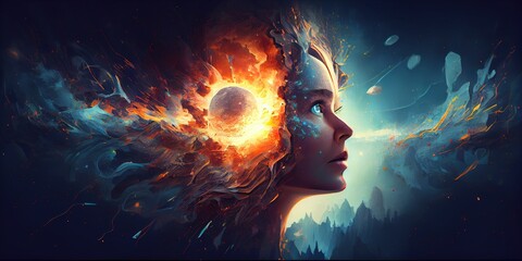 Poster - Generative AI illustration of annual collective mind concept art, exploding mind, inner world, dreams, emotions, imagination and creative mind concept