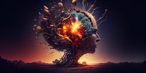 Poster - Generative AI illustration of annual collective mind concept art, exploding mind, inner world, dreams, emotions, imagination and creative mind concept