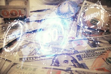 Poster - Multi exposure of crypto theme drawing over us dollars bill background. Concept of blockchain success.