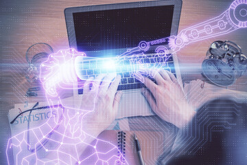 Poster - Double exposure of man's hands typing over computer keyboard and virtual reality hologram drawing. Top view. Technology concept. Future.
