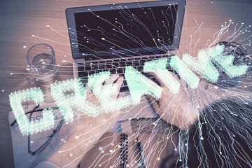 Poster - Double exposure of man's hands typing over computer keyboard and conceptual start up theme drawing. Top view.