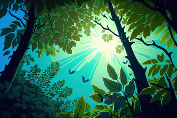 Wall Mural - The forest blue sky is above the green trees, and the sun is beaming through the leaves. from the bottom. Generative AI