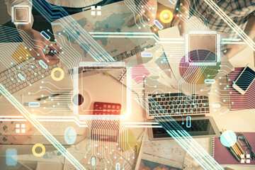 Aufkleber - Double exposure of man and woman working together and data theme hologram drawing. Computer background. Top View.