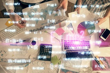 Poster - Double exposure of man and woman working together and formula hologram drawing. Computer background. Top View. Education concept.