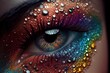 © CravenA - Generative AI illustration of beautiful female eyes with carnival glass sparkly eyeshadow. Close focus.