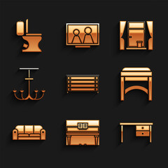 Sticker - Set Chest of drawers, Grand piano, Office desk, Chair, Sofa, Chandelier, Window with curtains and Toilet bowl icon. Vector