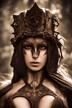 Portrait of an evil female soldier with helmet and ancient armor. Fantasy character for wallpaper for wall frames, poster created with Generative AI