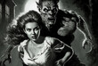Fictional woman with werewolf , early horror movie style AI generative