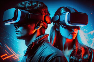 Metaverse VR virtual reality game playing, man and woman play metaverse virtual digital technology game control with VR goggle