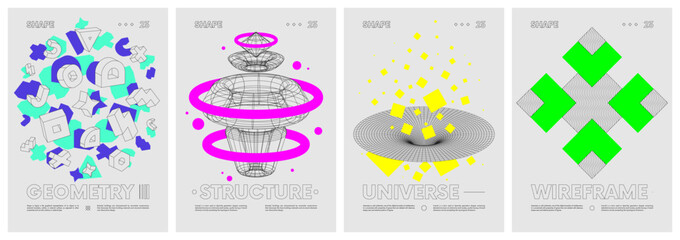 Leinwandbilder - Unusual strange wireframes anti-design vector set posters inspired by brutalism, Shapes psychedelic contemporary composition artwork in Y2k trendy style, minimalistic hipster colored digital collage
